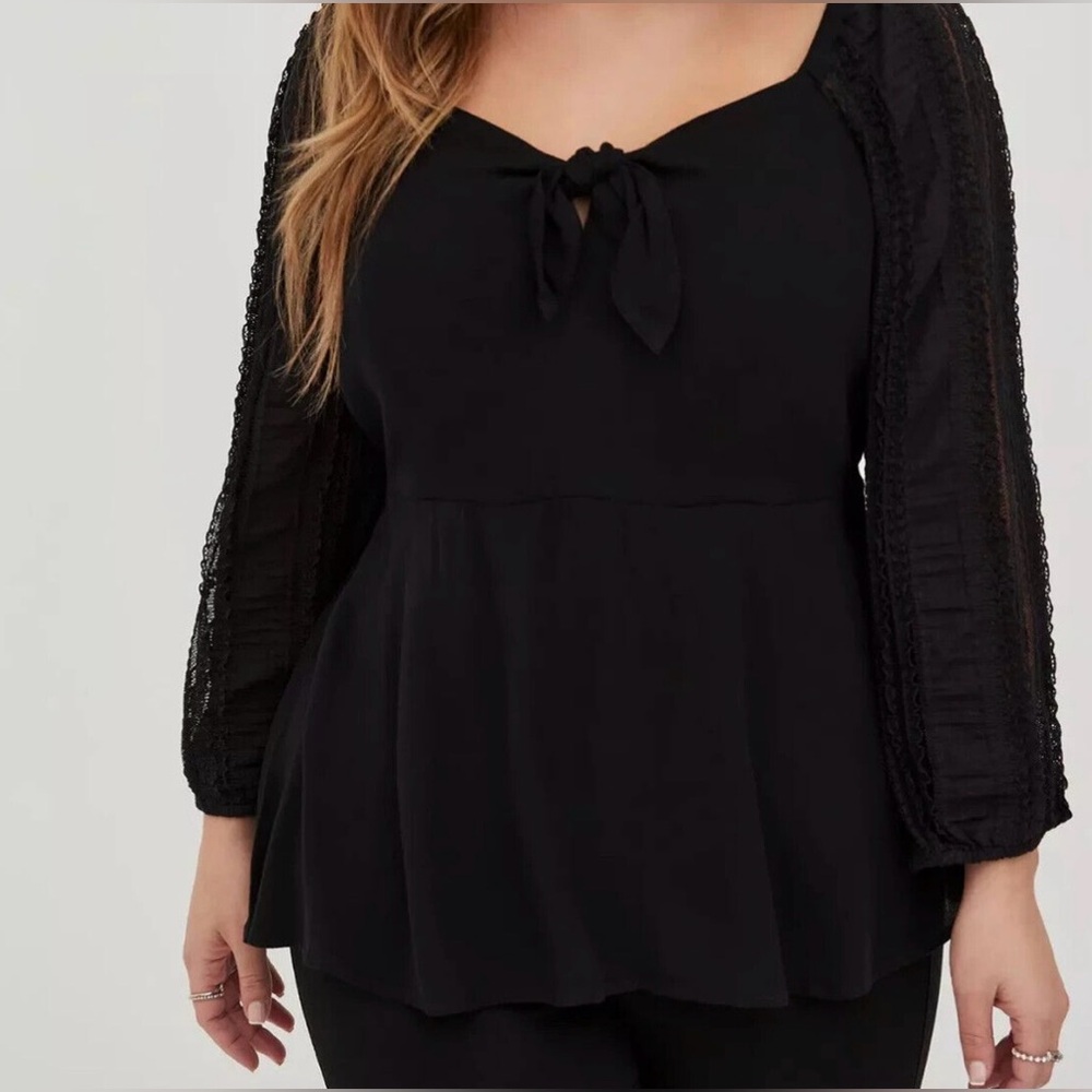 Torrid Peplum Rayon Crepe Embroidered Sleeve Top tie-front lace sleeves NWT